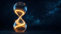 Glowing hourglass with luminous golden sand flowing against starry night sky background creates magical time concept visualization for infinity and eternity themes.