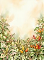 Watercolor illustration of chili pepper plants with vibrant red and yellow peppers and green foliage on cream background, isolated design for culinary, gardening, and kitchen decor projects.