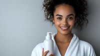 Young African American woman with curly hair smiling while holding white cosmetic bottle in bathroom, skincare routine and beauty product advertisement.