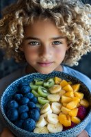 Young mixed-race girl with curly blonde hair holding colorful fruit bowl with blueberries, kiwi, banana and mango. Healthy eating and nutrition concept.