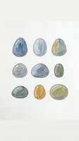 Watercolor illustration of nine polished gemstones in various shapes and colors including blue, green, and golden tones on isolated white background for design projects.