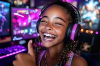 Young African American female gamer wearing pink headphones laughs joyfully while streaming or playing video games, illuminated by vibrant purple and blue gaming setup lights.