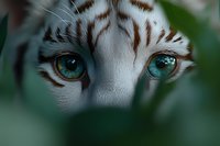 Intense close-up of white tiger eyes with turquoise irises peering through green foliage, showing fierce wild animal nature in mysterious jungle environment.