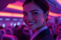 Young female professional in formal attire smiling confidently against vibrant purple and pink neon lighting background, creating modern nightlife atmosphere.