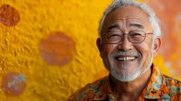 Cheerful elderly Asian man with glasses and gray beard smiling warmly in colorful floral shirt against vibrant yellow and orange artistic background.