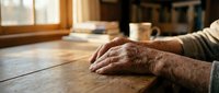 Elderly person's weathered hands resting on rustic wooden table in warm sunlit kitchen interior, conveying comfort, aging, and peaceful domestic moments.