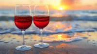 Two glasses of rose wine on sandy beach at golden sunset with ocean waves and sun reflection, romantic seaside evening atmosphere.