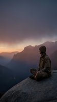Man sitting on rocky cliff edge overlooking misty mountain valley at sunset, wearing beanie and jacket. Contemplative hiker gazing at dramatic landscape during golden hour for travel and lifestyle content.