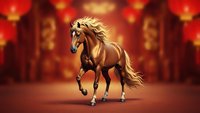Golden horse galloping with flowing mane against red lantern background for Chinese New Year celebration and festive holiday decorations.