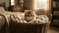 Fluffy tabby kitten resting in wicker basket surrounded by cozy blankets in warm sunlit bedroom with wooden furniture and windows.