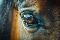 Close-up of brown horse eye with detailed eyelashes and fur texture showing natural equine beauty and gentle expression for animal photography projects.