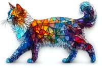 Geometric mosaic cat in vibrant rainbow colors with stained glass effect on white background, artistic low poly style animal illustration for modern wall decor.
