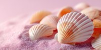Seashells scattered on pink sand beach creating peaceful coastal scene for summer vacation and tropical getaway concepts.