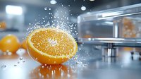 Fresh orange slice with water droplets splashing in dynamic motion against blurred modern kitchen background, creating energetic culinary scene.