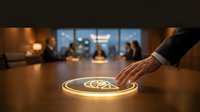 Executive hand placing glowing cryptocurrency coin on conference table during business meeting, symbolizing digital currency investment and financial technology adoption in corporate environment.