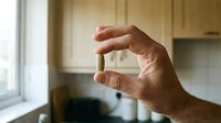 Caucasian male hand holding green capsule supplement or medication in kitchen setting, displaying vitamin, pill, or pharmaceutical product for healthcare and wellness concepts.