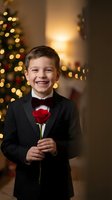 Happy young boy in formal black suit with red bow tie holding rose flower during Christmas celebration with decorated tree and warm lights in background.