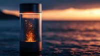 Glowing particles float inside glass container against sunset water background, creating magical atmosphere with orange sparkles and bokeh effect.