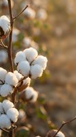 Cotton bolls on plant branch in warm sunlight with soft bokeh background for natural textile and agriculture concepts.