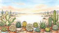 Watercolor desert landscape with various cacti and succulents in terracotta pots arranged along sandy terrain, featuring saguaro and prickly pear plants under warm sunset sky.