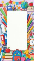 School supplies frame with blank white space surrounded by colorful educational items including pencils, markers, notebooks, globe, books, backpack, and decorative bunting on lavender background. Isolated design ready for posters, flyers, and educational materials.