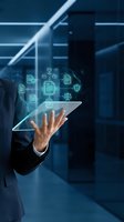 Businessman holding tablet with digital document management icons floating above in modern office environment for legal and business technology solutions.