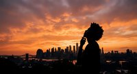 Young African American woman silhouette against dramatic orange sunset sky over city skyline, contemplative pose with hand to face during golden hour twilight.