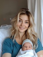 Young Caucasian mother with blonde wavy hair wearing blue t-shirt holds newborn baby in white clothes and hat, looking at camera with gentle smile in natural light setting.