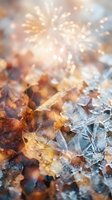Frozen autumn leaves covered with morning frost and ice crystals creating magical bokeh light effects in golden sunlight for seasonal backgrounds.