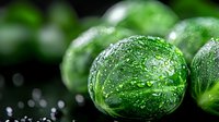 Fresh brussels sprouts with water droplets on dark background, macro food photography showing vibmoisture.