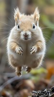 Jumping red squirrel in mid-air with outstretched paws and focused expression, close-up portrait showing detailed fur texture against blurred natural background.