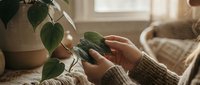Woman in cozy sweater caring for houseplant at home, gentle hands touching green leaves in warm sunlit interior for indoor gardening and plant care.