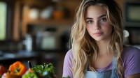 Young blonde woman cooking in modern kitchen with fresh vegetables and peppers for healthy meal preparation and culinary lifestyle content.