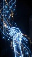 Digital hand touching glowing network connections with binary code streams and light effects on dark background for technology concepts.