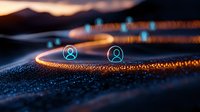 Glowing network connections with user profile icons floating over illuminated fiber optic paths against dark background, representing digital communication technology.