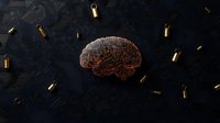 Digital brain network with floating golden padlocks on dark background representing cybersecurity, artificial intelligence and data protection concepts.