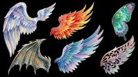 Six fantasy wings clipart set isolated on transparent background, ready for stickers, t-shirt design, print on demand, and sublimation projects.