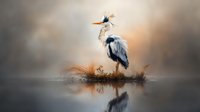 Majestic great blue heron standing on small island in misty lake at dawn, with perfect reflection in calm water. Ideal for wildlife conservation publications.