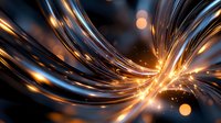 Glowing golden light streams and sparks flow in curved lines against dark background creating dynamic abstract composition with bokeh effect and motion blur.