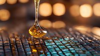 Golden honey drips from spoon onto mosaic surface with turquoise and brown tiles, creating luxurious food composition against blurred bokeh lights background.