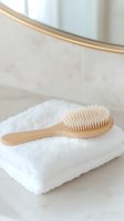 Natural bamboo hair brush on soft white towel against light background, minimalist spa and wellness composition for beauty and self-care concepts.