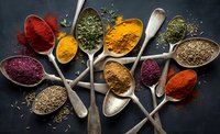 Colorful spices and herbs in wooden spoons arranged on dark slate background. Culinary ingredients for cooking and seasoning food preparation.