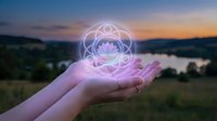 Hands holding glowing sacred geometry lotus mandala symbol over serene lake landscape at sunset for meditation, spirituality and wellness concepts.