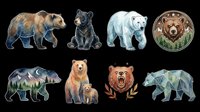 Watercolor bear collection featuring brown, black, and polar bear species with forest and mountain landscapes integrated into their silhouettes, isolated on transparent background for t-shirt design, clipart, stickers, and print-on-demand products.