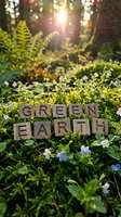 Wooden letter blocks spelling GREEN EARTH nestled among wildflowers and ferns in sunlit forest floor, promoting environmental awareness and sustainability.