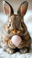Adorable brown bunny holding pink Easter egg with front paws, close-up portrait showing bright blue eyes and expressive face against soft light background.