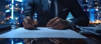 Asian businessman signing contract documents at night office desk with city lights background, professional executive working late hours on paperwork.