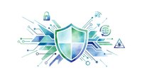 Digital cybersecurity shield with circuit board patterns and security icons for technology protection and data safety concepts.