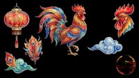 Asian-inspired decorative elements including red lantern, colorful rooster, phoenix head, ornamental feathers, cloud motif, and circular symbol isolated on transparent background. Ready for t-shirt design, clipart, stickers, sublimation, and print-on-demand projects.