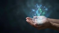 Scientist hand holding glowing DNA helix with digital network connections, representing genetic research, biotechnology, and molecular science innovation.